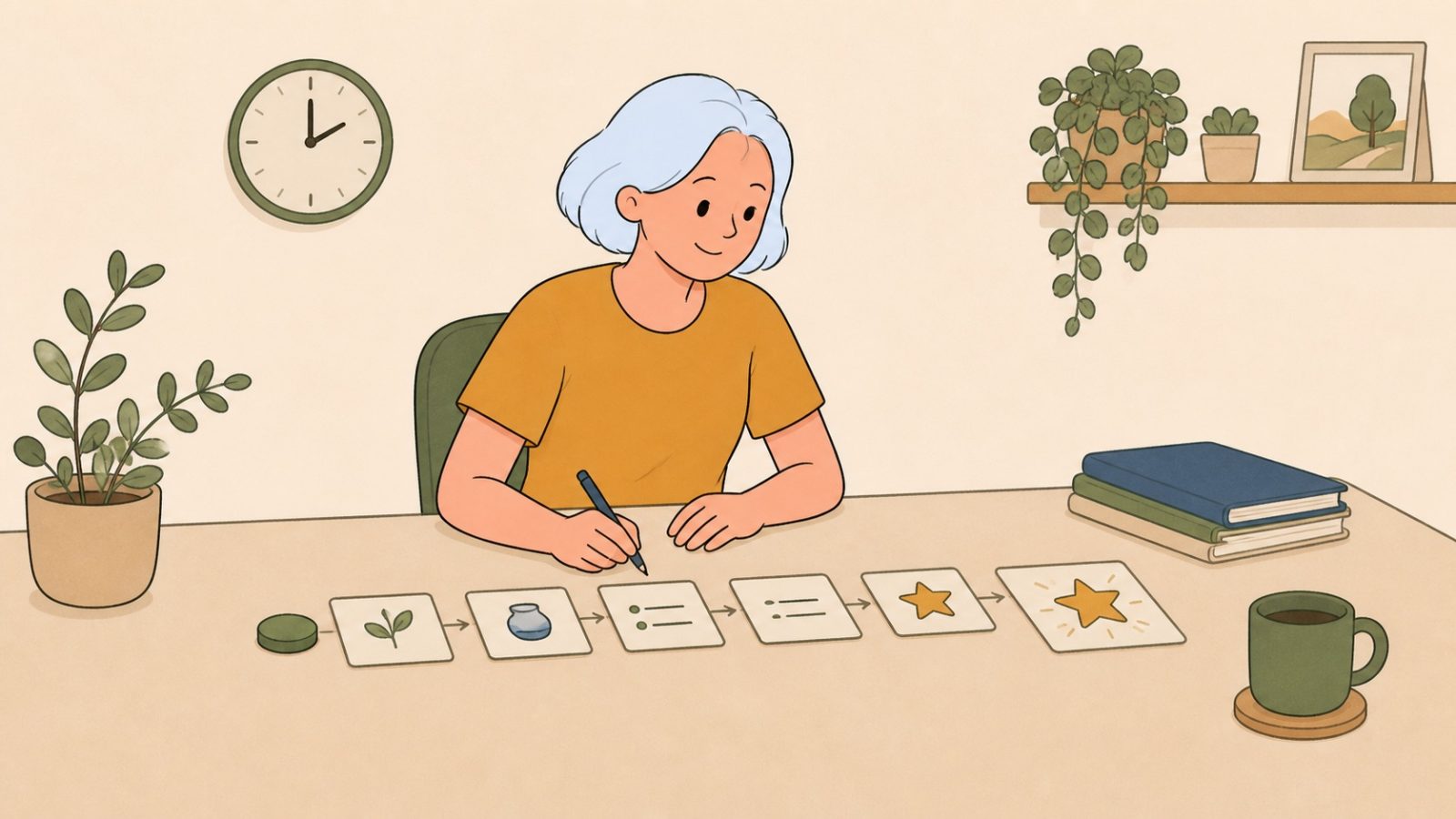 Une femme aux cheveux clairs travaille calmement devant une courte suite de cartes qui mène à une étoile, avec une horloge et une tasse prêtes pour la pause.