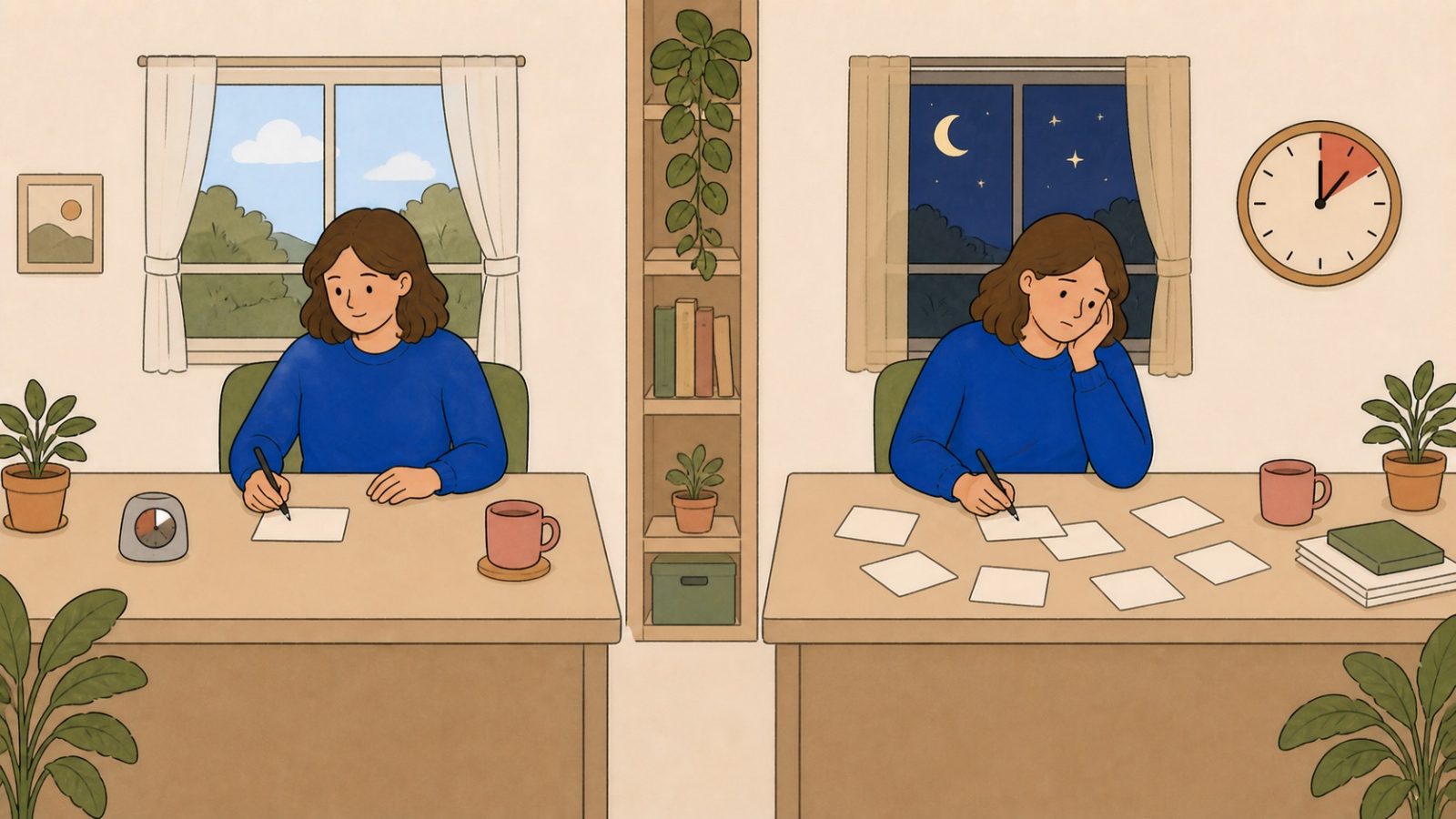 La même femme travaille sereinement de jour avec une seule tâche, puis fatiguée de nuit devant plusieurs cartes dispersées et une horloge proche de l’échéance.