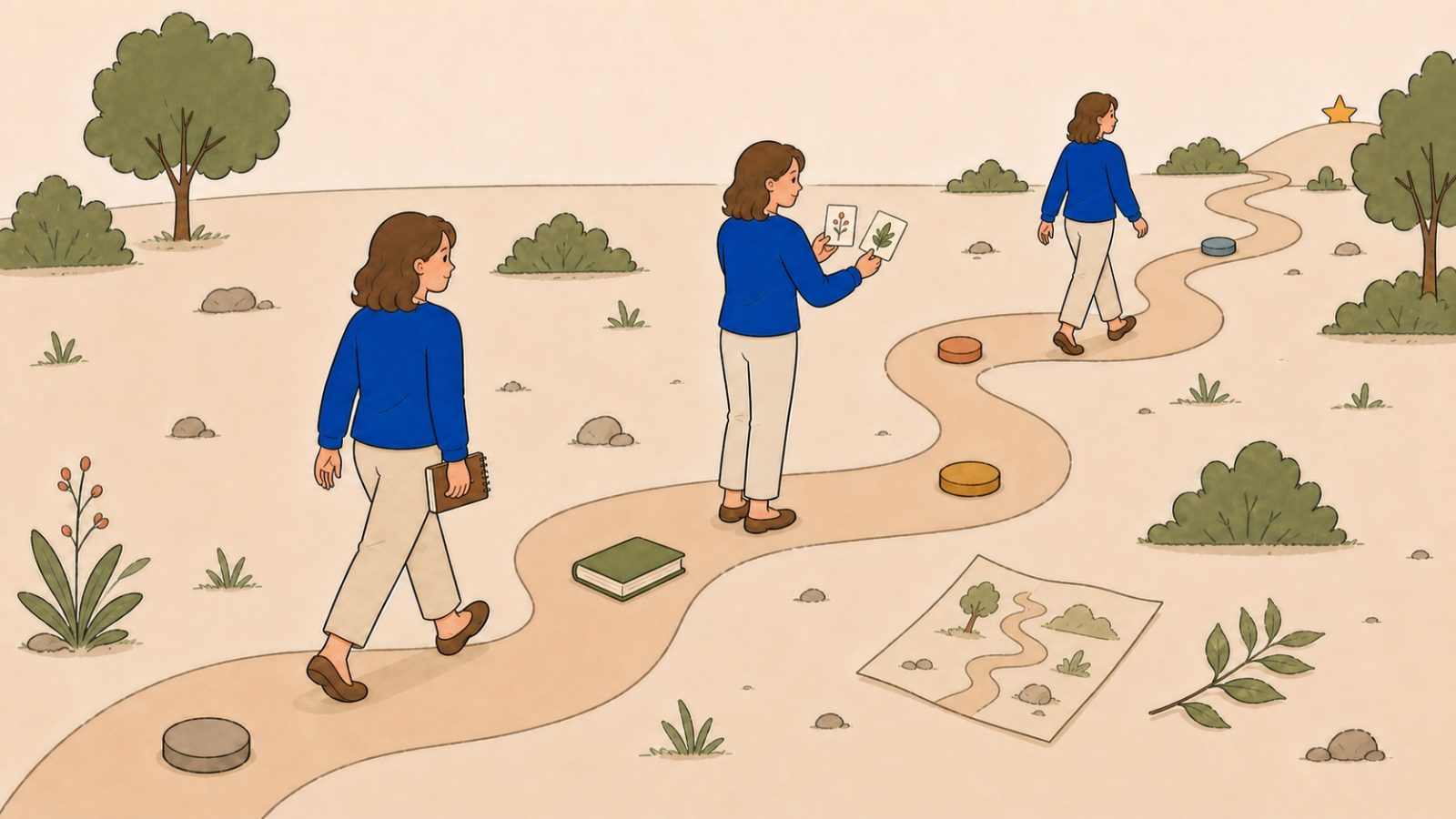 Une femme avance par étapes sur un long chemin sinueux, consulte des cartes illustrées et poursuit vers une étoile visible au-delà des virages.
