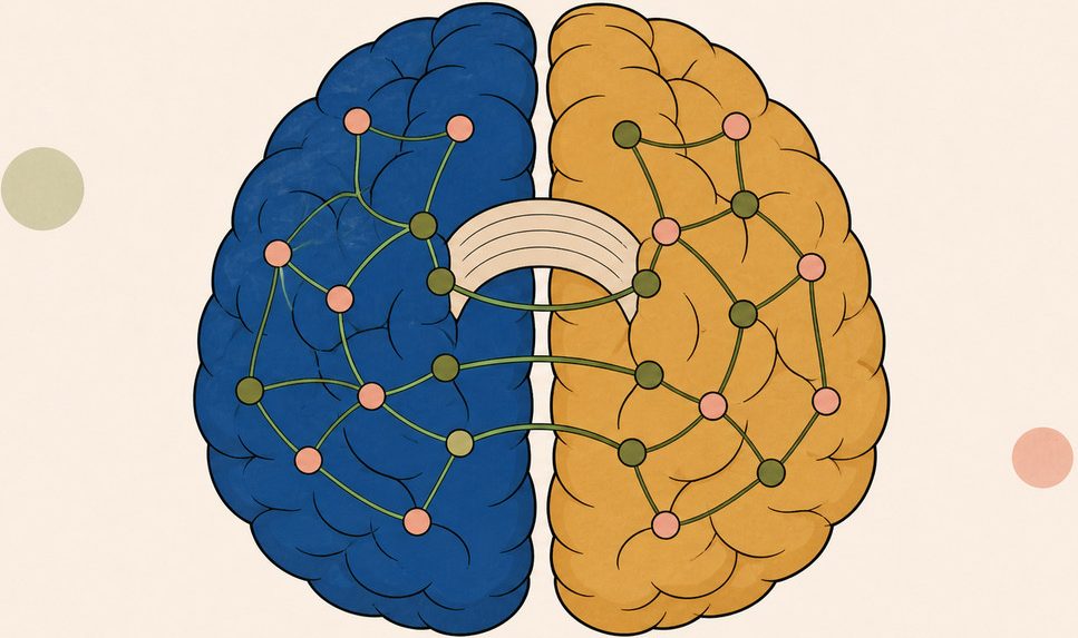 Schéma horizontal des deux hémisphères cérébraux reliés par le corps calleux et plusieurs réseaux.