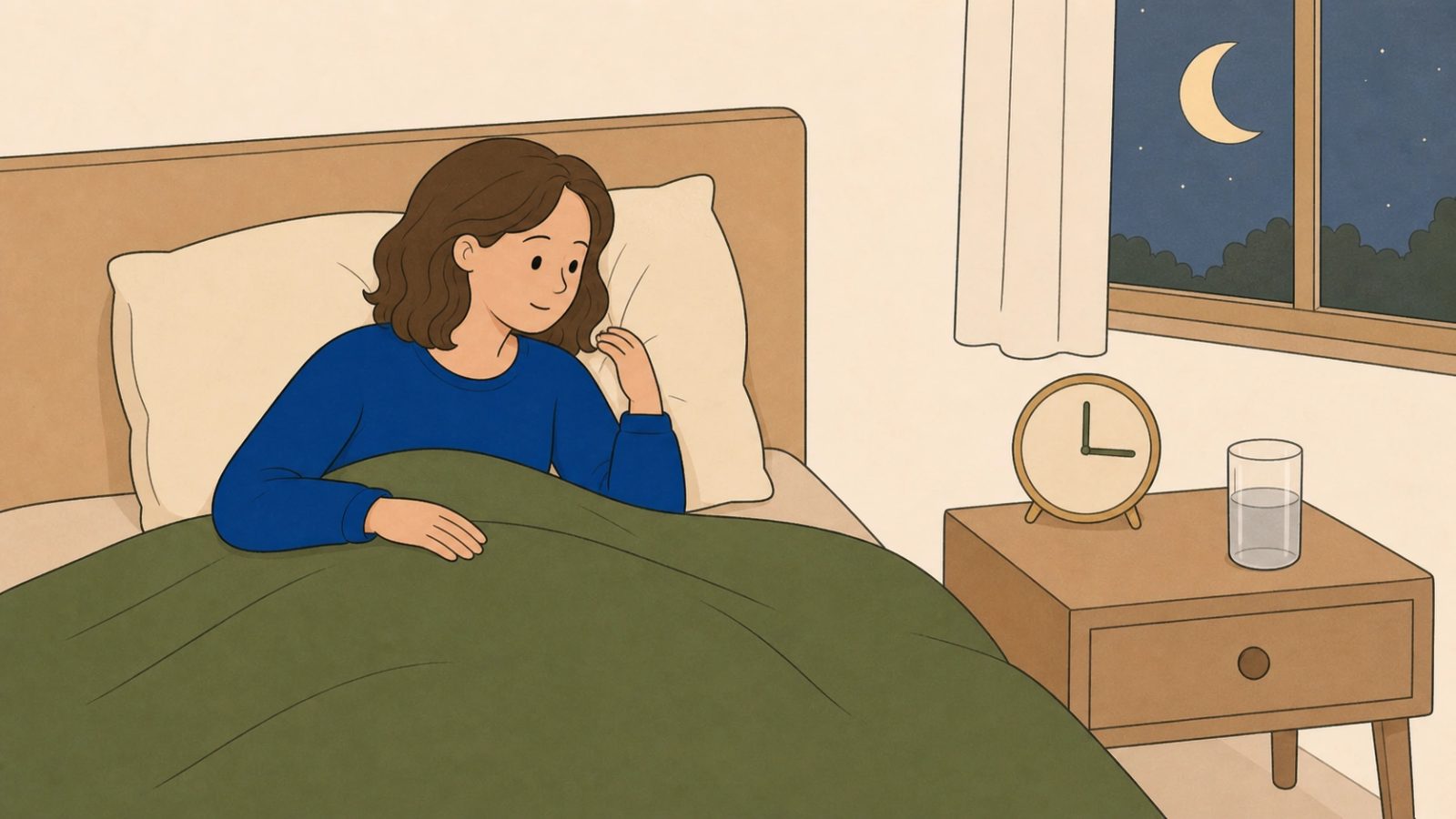 La même femme est réveillée dans son lit vers trois heures du matin, près d’un verre d’eau.