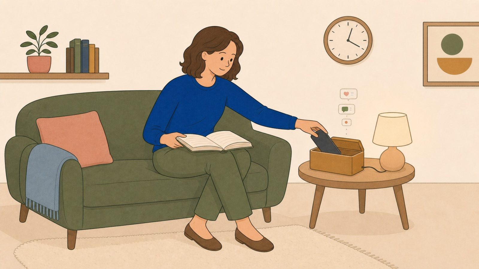 Une femme place son téléphone dans une boîte de recharge et ouvre un livre pour créer un point d’arrêt.