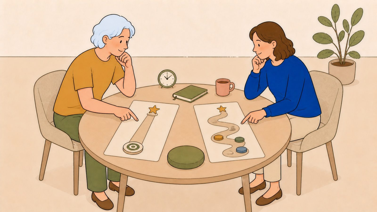 Deux femmes assises à une table comparent une carte avec une ligne droite et une carte avec un chemin sinueux ponctué d’étapes.