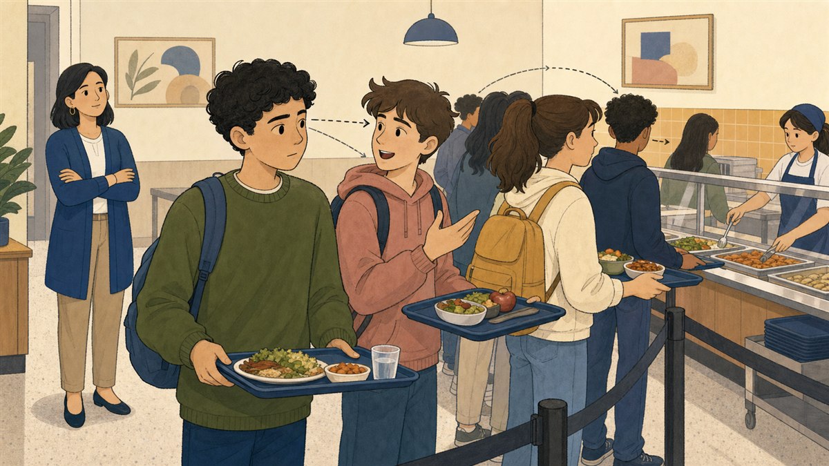 Dans la file d’une cafétéria scolaire, un adolescent suit à la fois la conversation et le mouvement de la file.