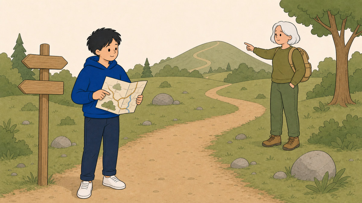 Un élève utilise une carte sur un chemin extérieur pendant qu’une coach lui montre un repère.