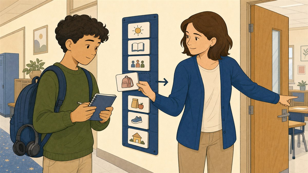 Un adolescent consulte son carnet pendant qu’une coach lui montre un changement sur un emploi du temps en pictogrammes.