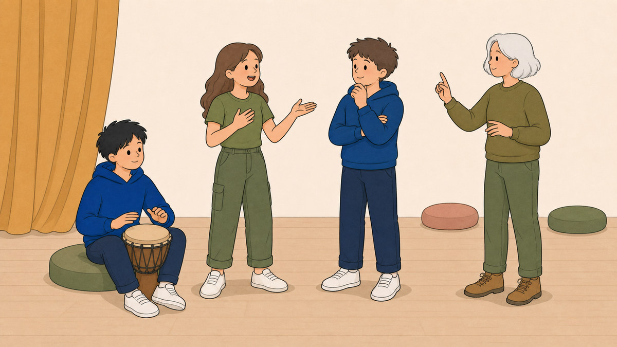 Des élèves répètent une scène avec paroles, gestes et rythme, accompagnés par une coach.